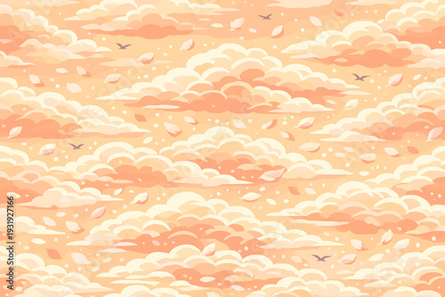 Sky filled with clouds and leaves floating in the air during sunset above a landscape