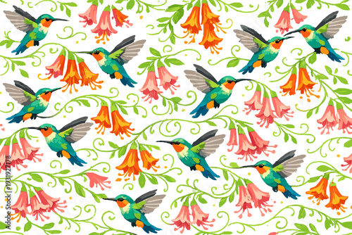 Colorful hummingbirds flying around flowers in a garden setting during daytime