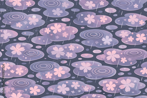 Colorful water patterns with flowers on gray background during a rainy day in an artistic style