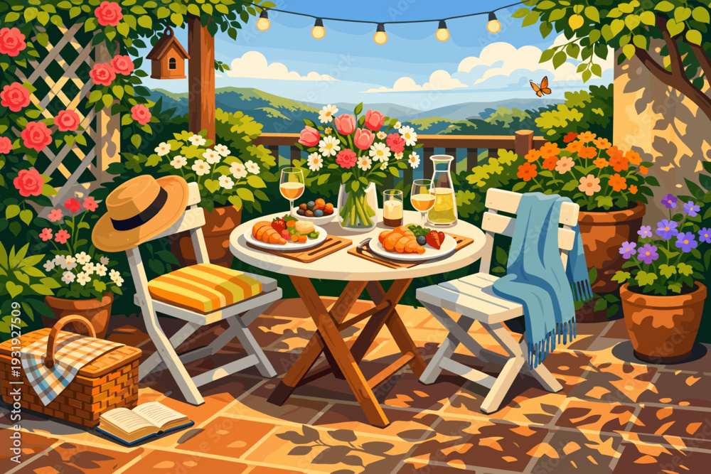 Fototapeta premium Outdoor dining setup with food and drinks on a sunny day in a garden with flowers and trees