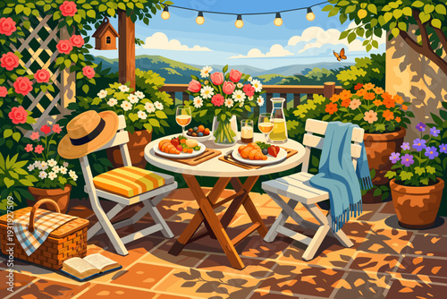 Outdoor dining setup with food and drinks on a sunny day in a garden with flowers and trees