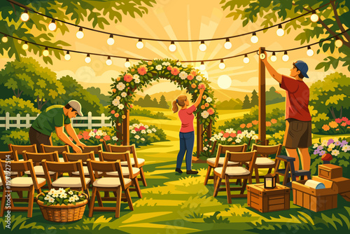 Setting up a garden event with lights and chairs during sunset in a floral area