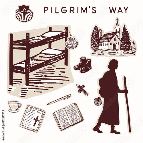 Hand drawn walker camino icon set with woman pilgrim at refugio aubergue pitstop. Shell for st james way europe pilgrimage symbol collection. Isolated sticker element for hospitality bunk bed stay. 