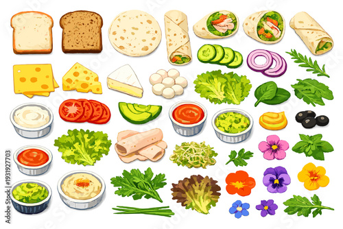 Different types of food ingredients spread out on a table for people to create their meals and snacks during lunchtime in a kitchen setting