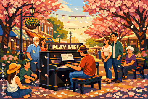People enjoy music in a park with cherry blossoms during a sunny day in spring with a piano on the street
