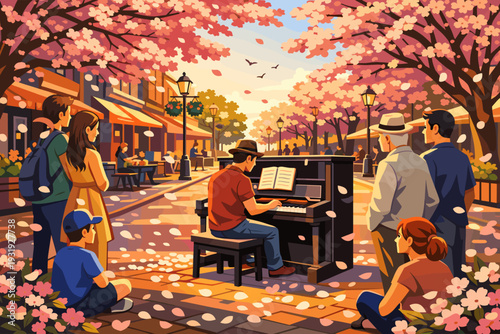 People gather around a street musician playing piano under cherry blossom trees in a city square during springtime