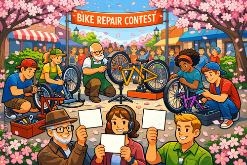 Bike repair contest takes place in a busy town square during springtime with participants and spectators enjoying the event
