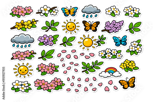 Collection of colorful stickers featuring flowers, butterflies, clouds, and sunshine for fun creative projects