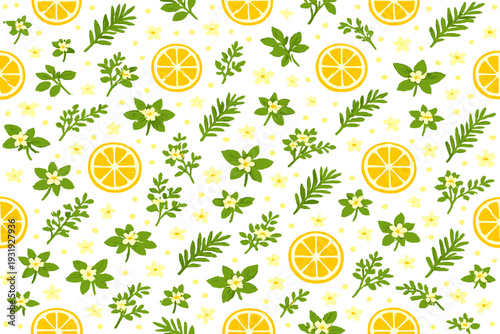 Bright pattern of lemon slices and green herbs on a white background created for kitchen decor or craft projects