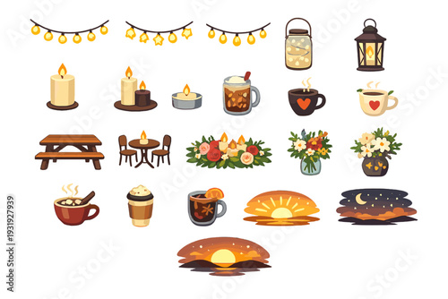 Lights and drinks adorn a cozy gathering with tables and flowers during an evening celebration with a sunset in the background