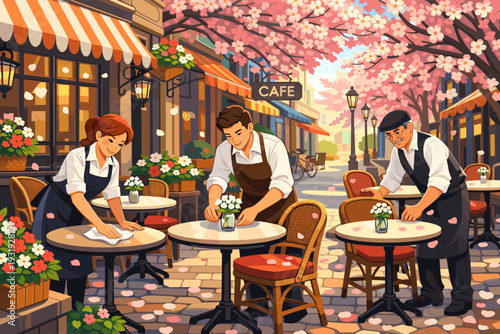 Workers prepare outdoor cafe tables during spring with cherry blossoms and clear skies in a lively city street setting