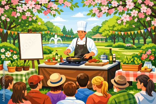Cook prepares food for a crowd in a park during a summer cooking event with flowers and tables around