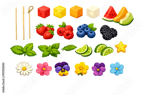 Colorful arrangement of fruits, berries, and flowers on a white background for creative cooking and decoration ideas