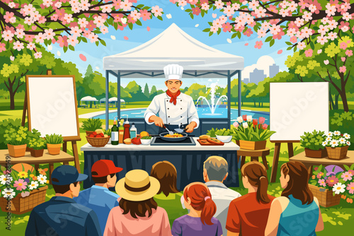 Chef prepares food for audience at outdoor cooking event in park during daytime with flowers and fountain in background