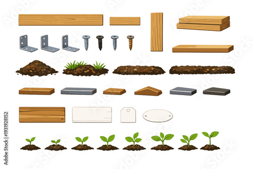 Collection of gardening materials and tools laid out for planting new plants in a garden setting on a sunny day