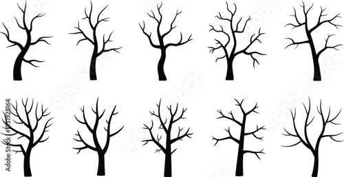 Minimalist black bare tree silhouettes set, abstract leafless woodland illustrations isolated on white background, modern Scandinavian style nature clipart for logo, branding and design