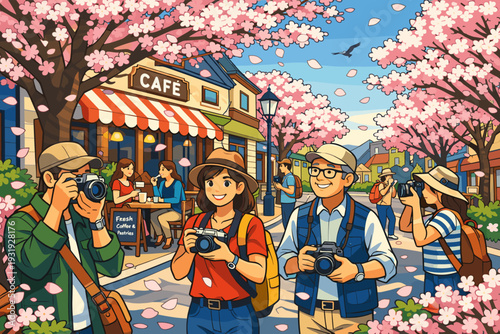 People taking photos at a cafe under blooming cherry blossom trees on a bright day in spring