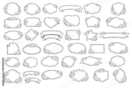 Variety of blank frames and banners with floral designs for use in crafts and invitations