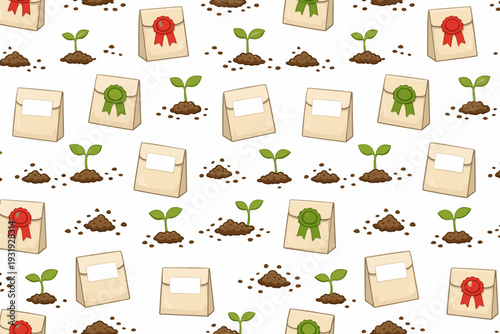 Green plants grow in soil with seed packets and ribbons on a white background during a planting activity