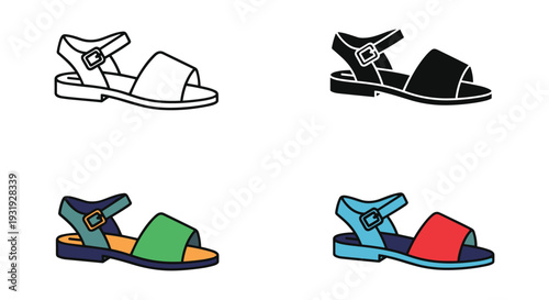Colorful and monochromatic sandals displayed in a simple layout.
