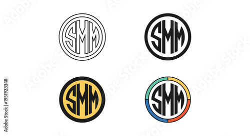 Variations of the smm logo designs in different color schemes and styles