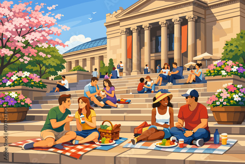 People enjoy a sunny day on steps of a museum, having picnics and relaxing with friends during spring afternoon in a city park