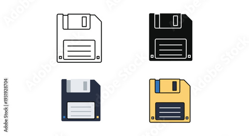 Set of four vintage-style floppy disk icons in different colors and orientations
