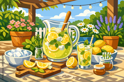 Fresh lemonade preparation on a sunny day with herbs and fruits outdoors near a garden