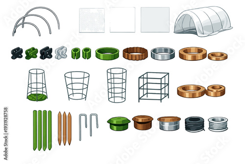 Garden tools and equipment for planting and growing vegetables and flowers on a sunny day outside