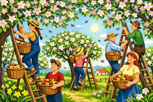 People picking apples in the orchard during a sunny day with blooming trees and bees flying around them