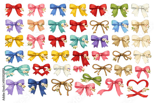 Colorful selection of decorative bows displayed on a white background for craft and design purposes