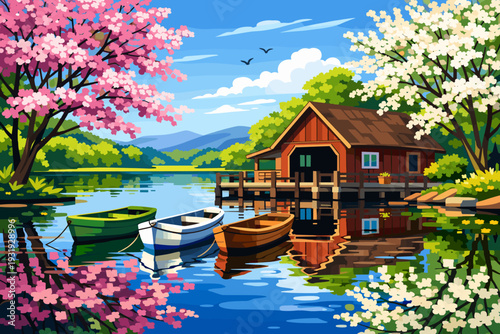 Colorful boats docked near a cabin by a calm lake surrounded by blooming trees on a sunny day