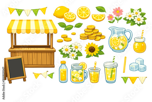 Lemonade stand with drinks, fruits, flowers, and decoration for summer event
