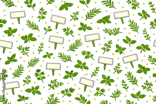 Herbs and blank signs create a pattern for gardening in a bright space with green plants and simple design elements