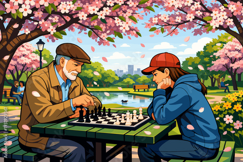 Elderly man and young girl play chess in park surrounded by cherry blossom trees in springtime