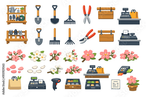 Collection of gardening tools, flowers, and shop items in a market setting during daytime
