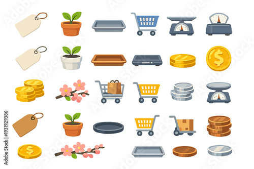 Collection of gardening and shopping items with coins and scales on a white background showing various activities in a market setting