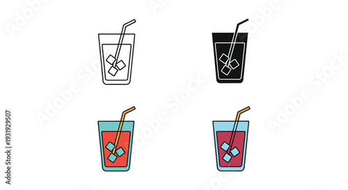 Four stylized drinks with straws and unique ice cube designs in glasses