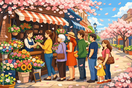 People waiting in line at a flower shop during springtime in a town with cherry blossoms blooming all around