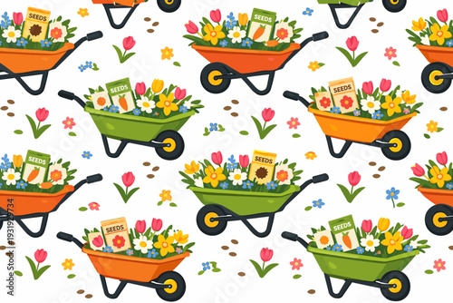 Colorful wheelbarrows filled with flowers and seed packets in a garden setting during springtime