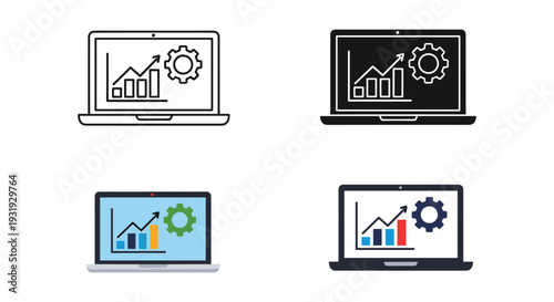 Four laptops displaying analytics and business growth charts with gear icons