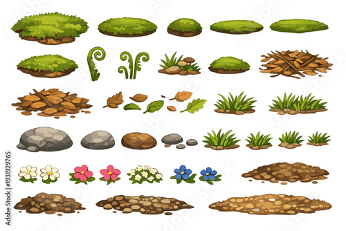 Natural elements for creating outdoor scenes with grass, flowers, rocks, and soil in many variations