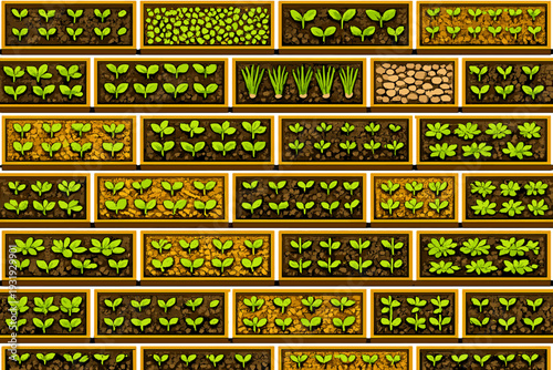 Many plants grow in garden boxes on a wooden surface during daylight in a community garden setting