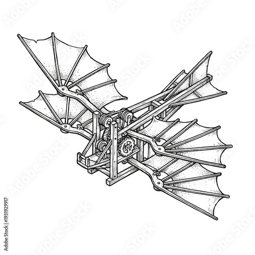 Hand drawn sketch of a da Vinci style ornithopter flying machine map illustration.