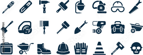 Construction icons, safety equipment, tools, screwdriver, utility knife, hammer, trowel, cement mixer, saw, drill, toolbox, wheelbarrow, hard hat, gloves, cone