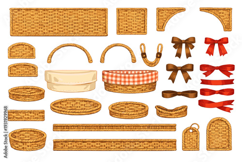 Various woven baskets and decorative items laid out on a white background for craft or design purposes