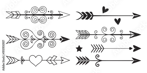 Decorative arrows with intricate swirls, hearts, and feather designs in black and white