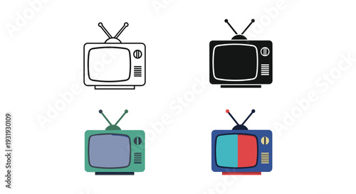 Four vintage televisions with distinct screen designs and antennae