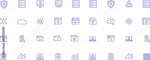 Cybersecurity icons, data protection, cloud computing, secure server, digital infrastructure, shield lock, laptop security, folder checkmark, magnifier lock, bar graph
