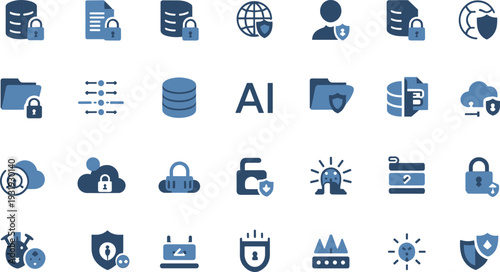 Cybersecurity icons, data protection, privacy shield, cloud security, AI technology, secure network, encryption, database lock, digital safety, information security